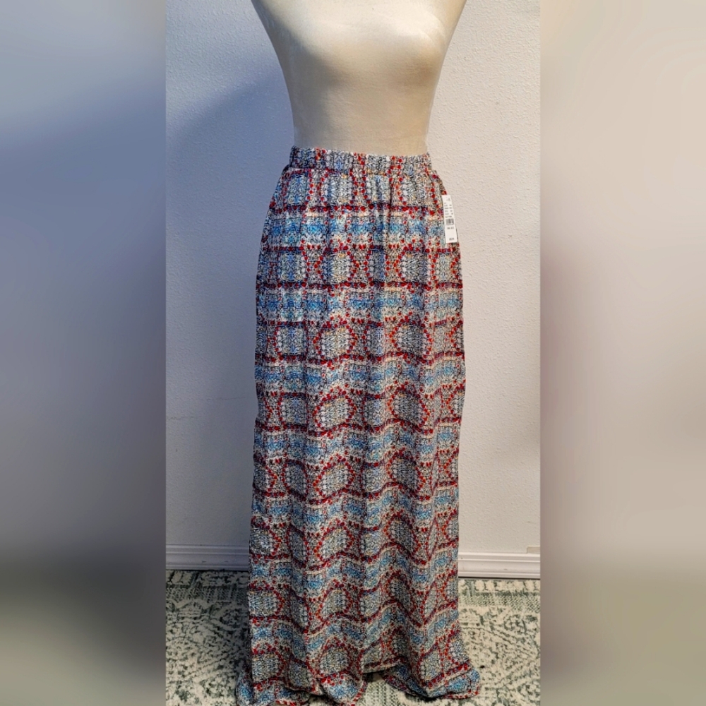 Elegant Multicolor Maxi Skirt sz Small waist elastic open on the sides w/lining